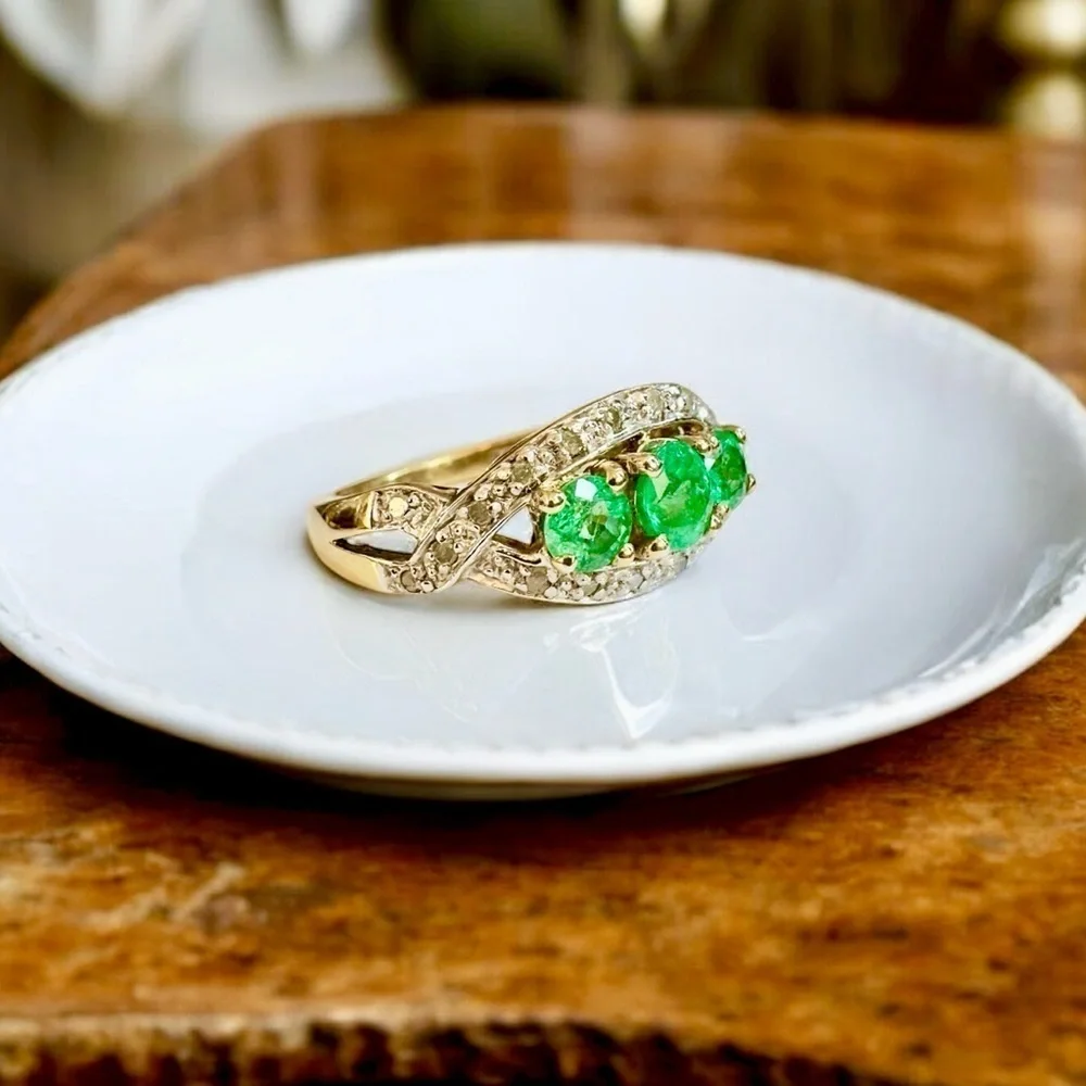 Vintage Emerald & Diamond Gold Over Sterling Silver Ring (7)